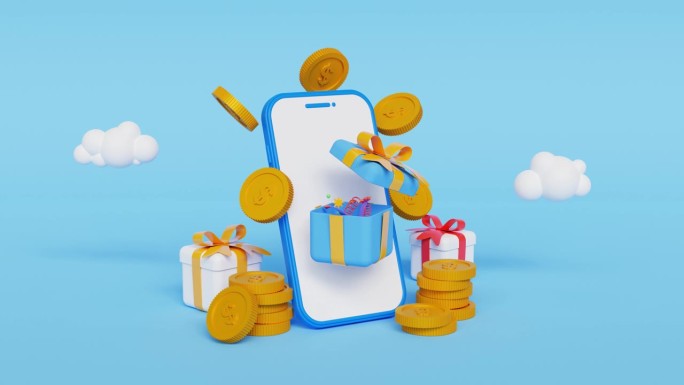 3D打开礼物盒或礼品盒与智能手机。推荐奖励，网上购物，彩纸，落硬币，促销，推荐朋友，联盟营销概念。4