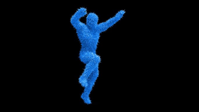 蓝色疯狂3D快乐毛茸茸的角色在舞台上跳舞。循环与Luma通道。