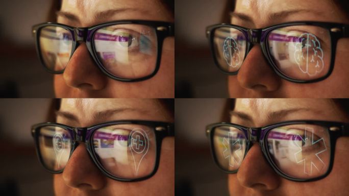 Cg拼贴双反思眼镜互联网搜索页面和医学主题符号关于人体健康。女性的脸
