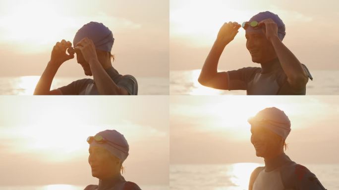 日落时在海边摘下泳镜的快乐女子的慢镜头镜头