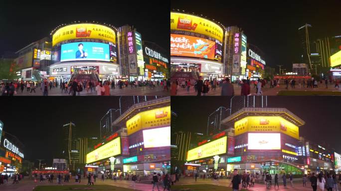 夜晚照亮长沙市中心著名的步行街广场慢动作全景4k中国