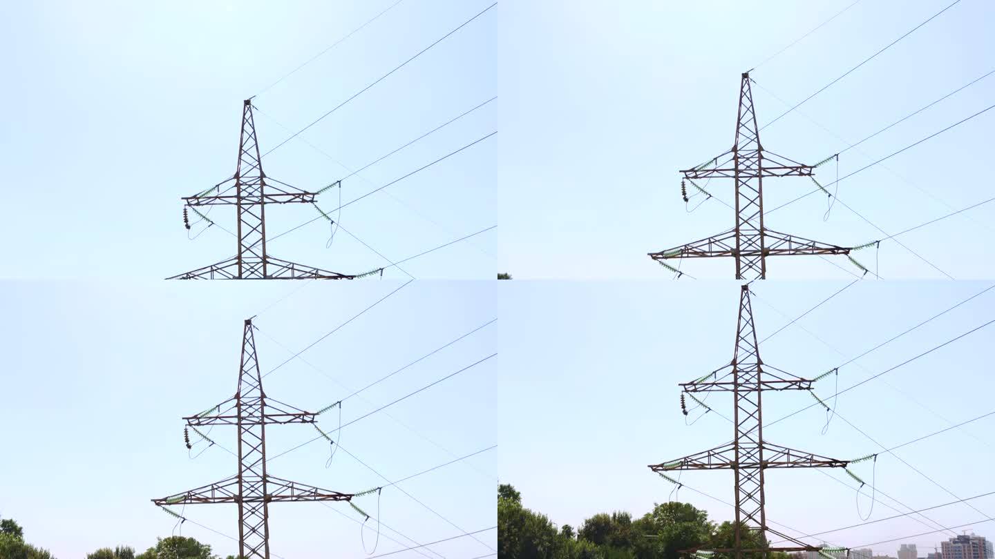 高压输电塔，线路安装在高架桥上，蓝天背景下连接
