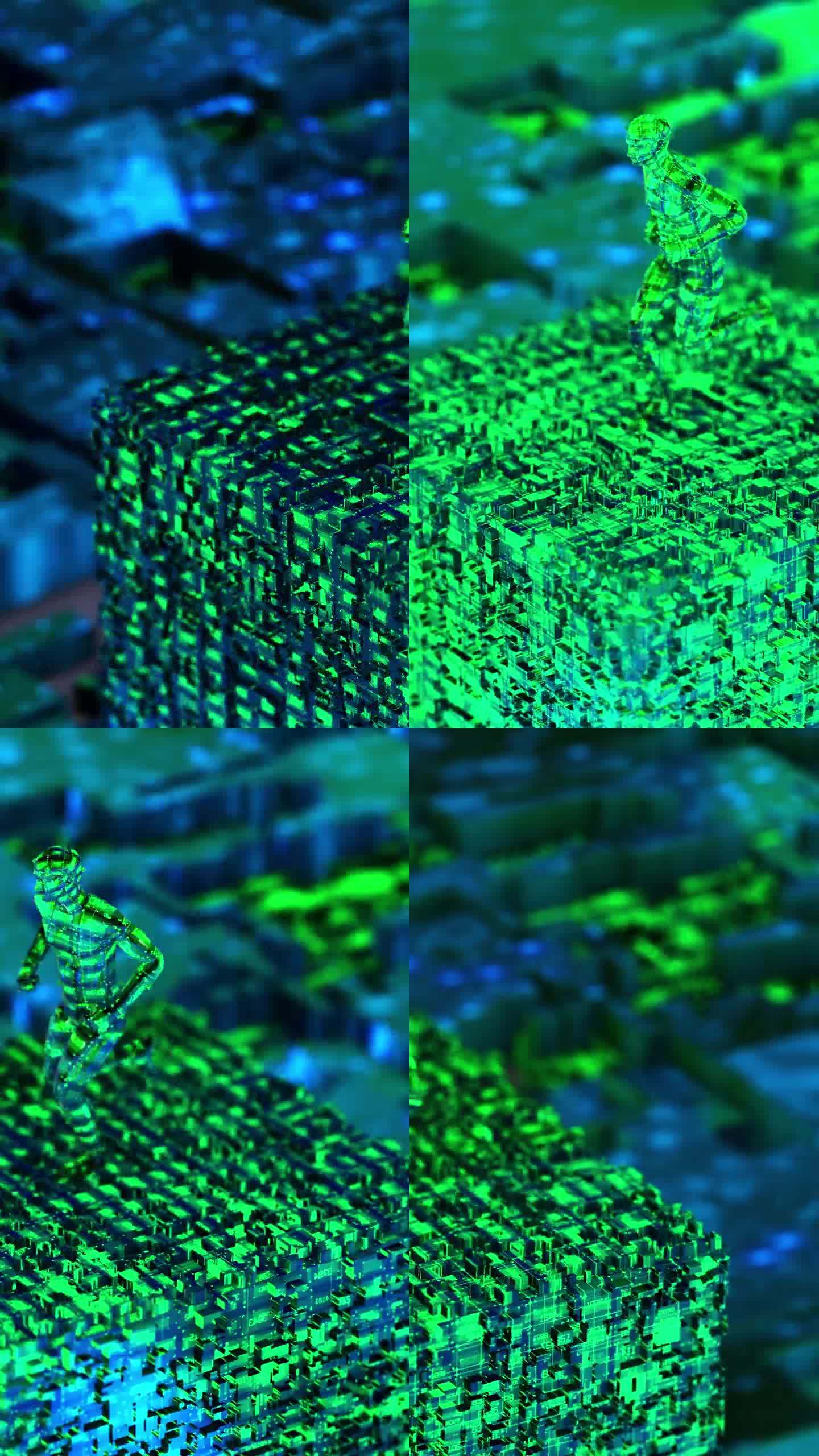 仿生3D人跑在绿色背景。垂直视频。