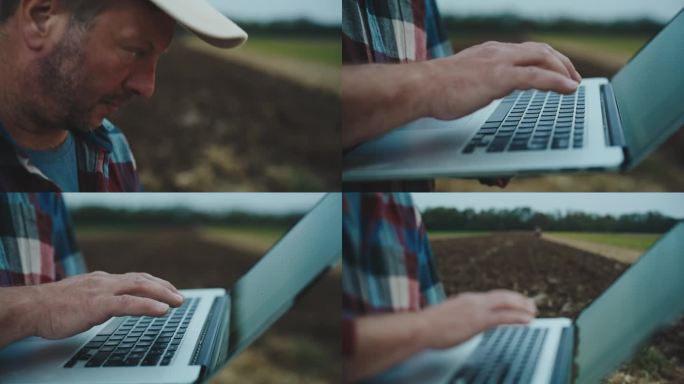 站在有机农场边用笔记本电脑工作的男性环保主义者