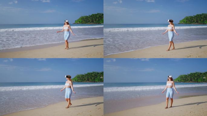 女人探索虚拟世界，在阳光明媚的海滩上戴上VR头显，体验身临其境的热带环境，与观众看不到的数字元素互动