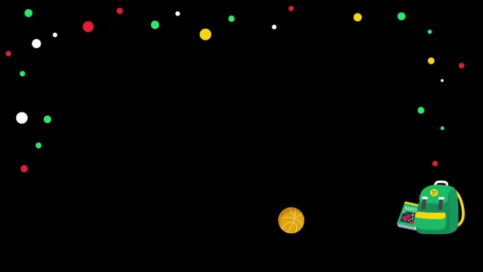 回到学校动画元素教育图标作为一个球滚动和击中书包，而彩色点在空间飞行-在中心添加文字-黑色背景