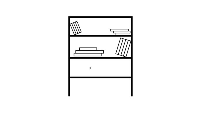 黑白书架与书籍和文件夹动画在一个白色的背景。