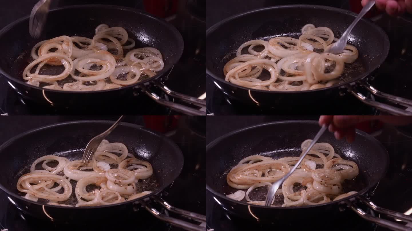 将洋葱圈放入热煎锅中炒熟，用叉子翻炒洋葱