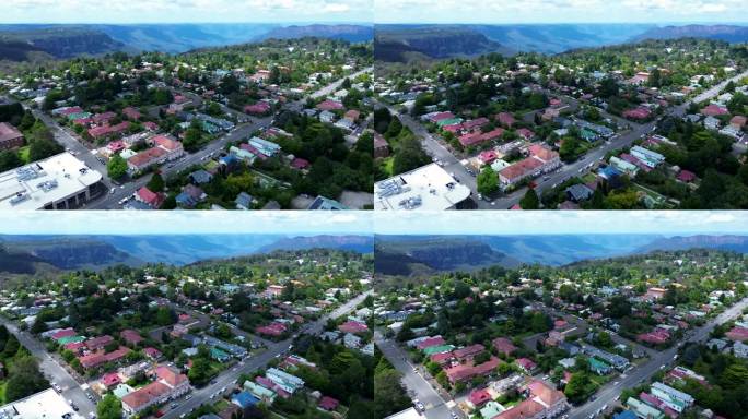 无人机航拍的主要城镇中心，住宅街道，社区郊区道路基础设施蓝山新南威尔士州澳大利亚