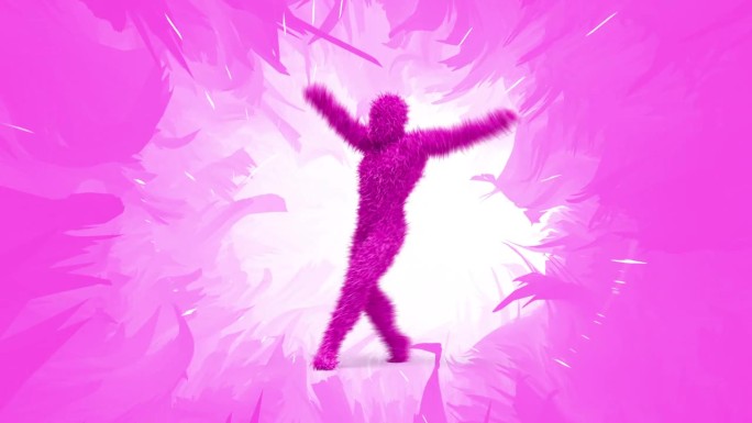 跳舞粉红色的毛茸茸的3D人物在一个丛林般的背景动画。完美的循环。