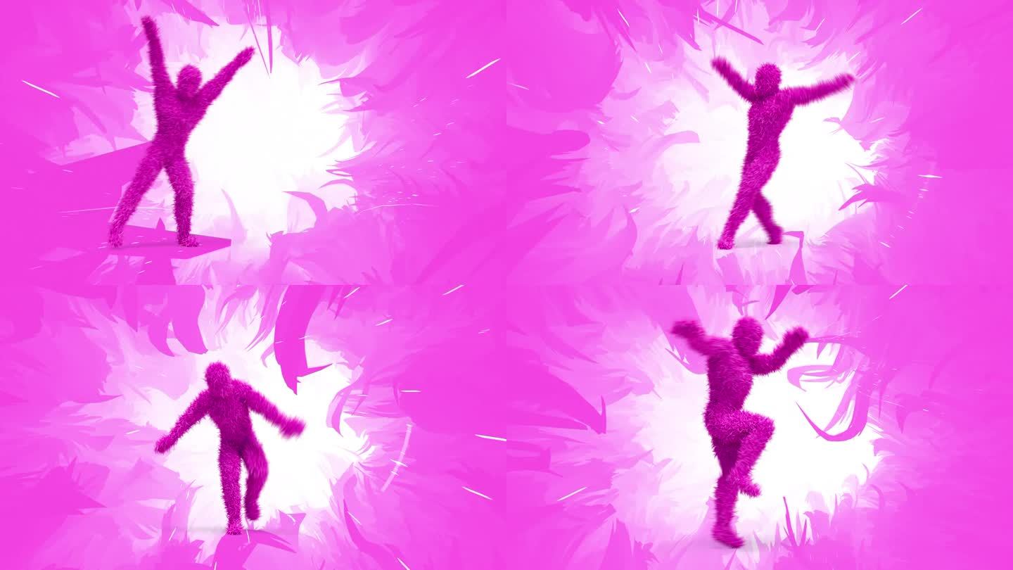 跳舞粉红色的毛茸茸的3D人物在一个丛林般的背景动画。完美的循环。