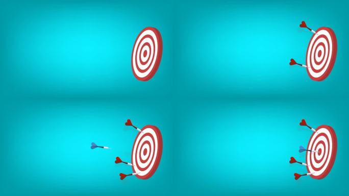 红色的飞镖没有击中目标，只有蓝色的飞镖击中了中心。商业挑战失败和成功的概念。