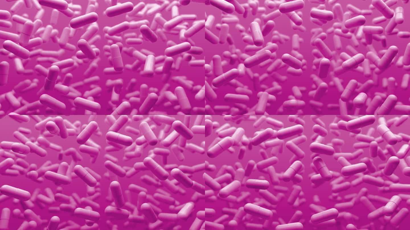粉红色的3D背景与缓慢浮动的胶囊