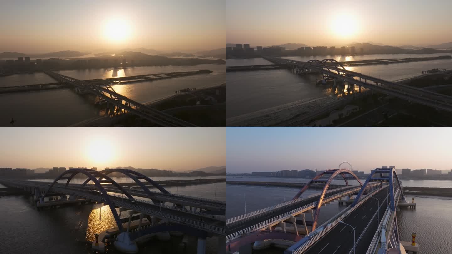 【4k实拍集2】航拍舟山夕阳下新城大桥