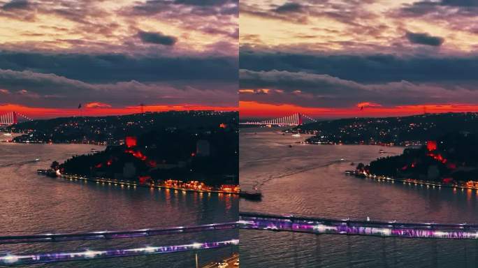 黎明时分，伊斯坦布尔标志性的法提赫苏丹穆罕默德大桥和金融区上空的空中鲜艳色彩#Istanbul - 