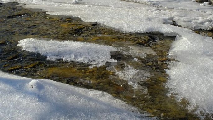 结冰的河流，水在冰下流动