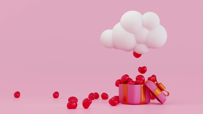 心从云端飘落到礼盒，为情人节婚庆，3D渲染。
