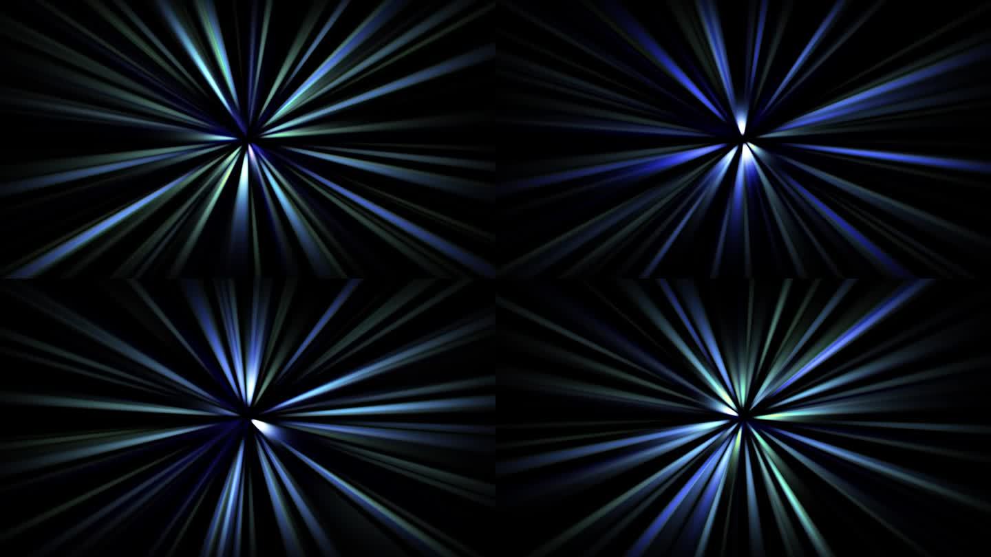 抽象的圆形蓝色闪耀光与光束闪耀，从黑色背景上的中心恒星发出径向闪耀光。4K 3D分形无缝循环无限复杂