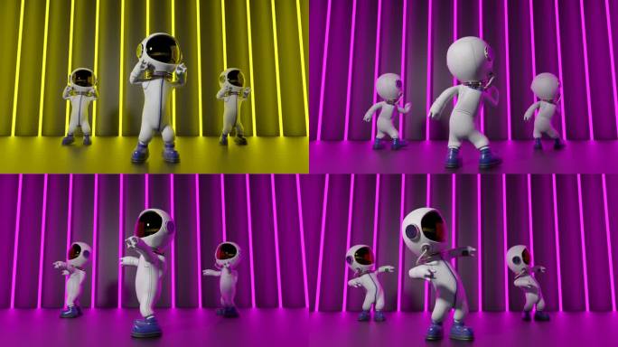 卡通宇航员在舞池里跳舞，霓虹灯从后面闪烁。循环视频