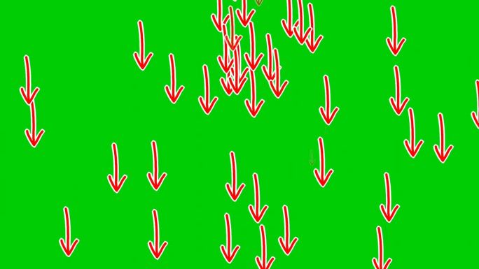 雨箭标志符号动画在绿色屏幕上，手画红色卡通箭头向下移动。4k动画图像叠加视频元素