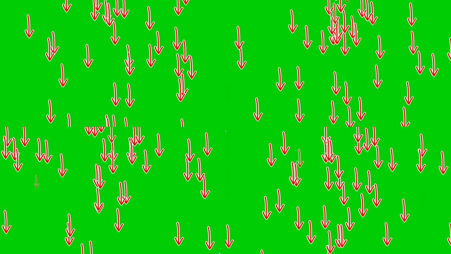 雨箭标志符号动画在绿色屏幕上，手画红色卡通箭头向下移动。4k动画图像叠加视频元素