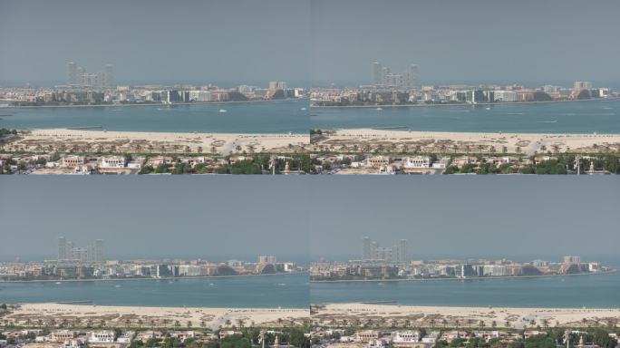 阳光明媚的一天迪拜城市湾交通路棕榈岛新著名的豪华酒店外部屋顶全景4k延时阿联酋