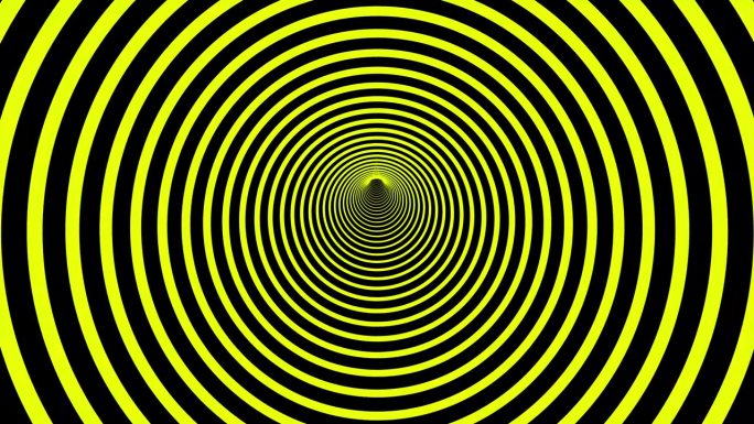 以黑、白、黄、红、绿、蓝、橙为色调的彩色圆形隧道的抽象视觉错觉。运动图形。