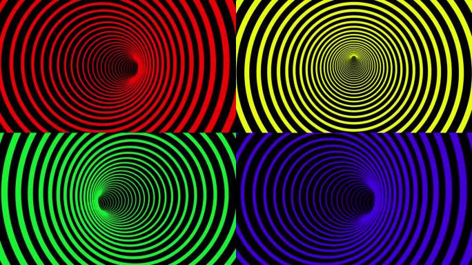 以黑、白、黄、红、绿、蓝、橙为色调的彩色圆形隧道的抽象视觉错觉。运动图形。