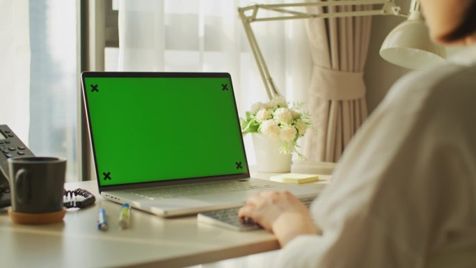 特写的年轻亚洲妇女使用笔记本电脑与模拟绿屏