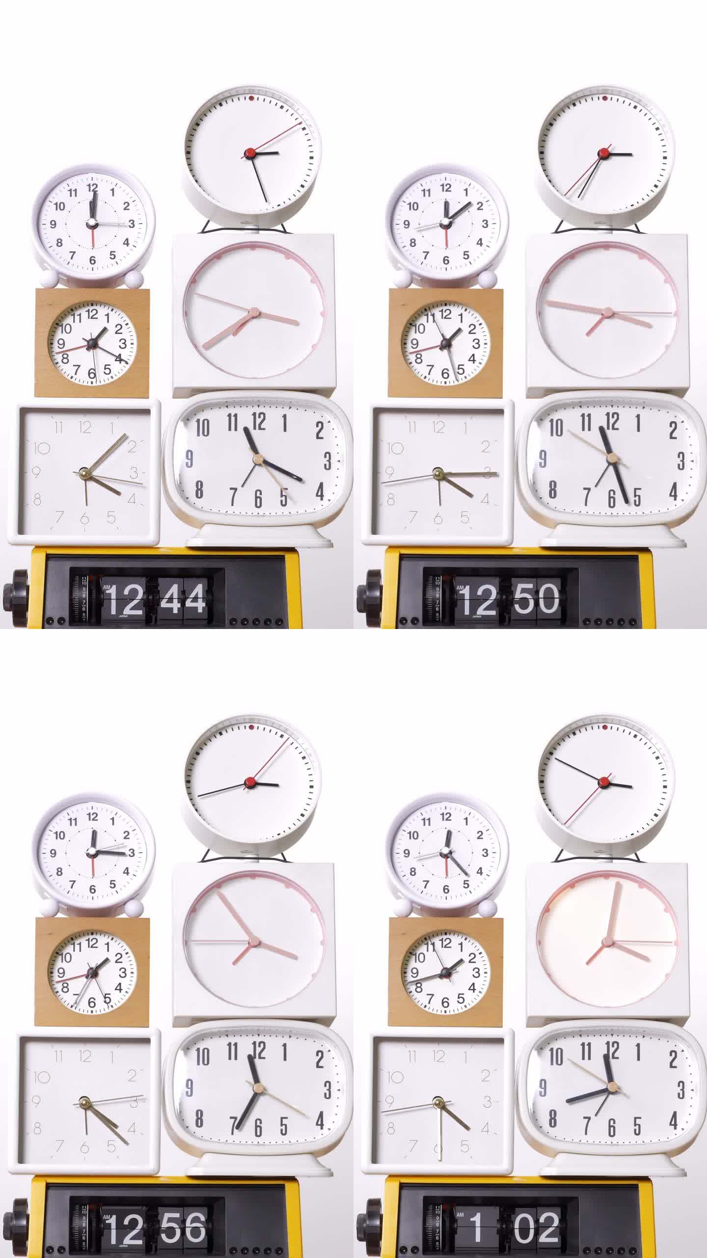 许多时钟在白色背景上转动报时。