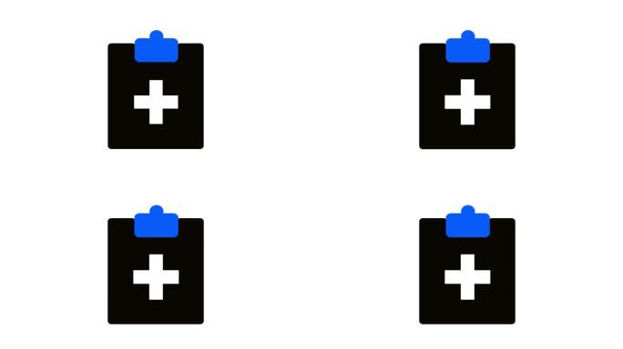 极简主义的医疗剪贴板图标，白色的十字和蓝色的剪辑在一个坚实的背景上动画。
