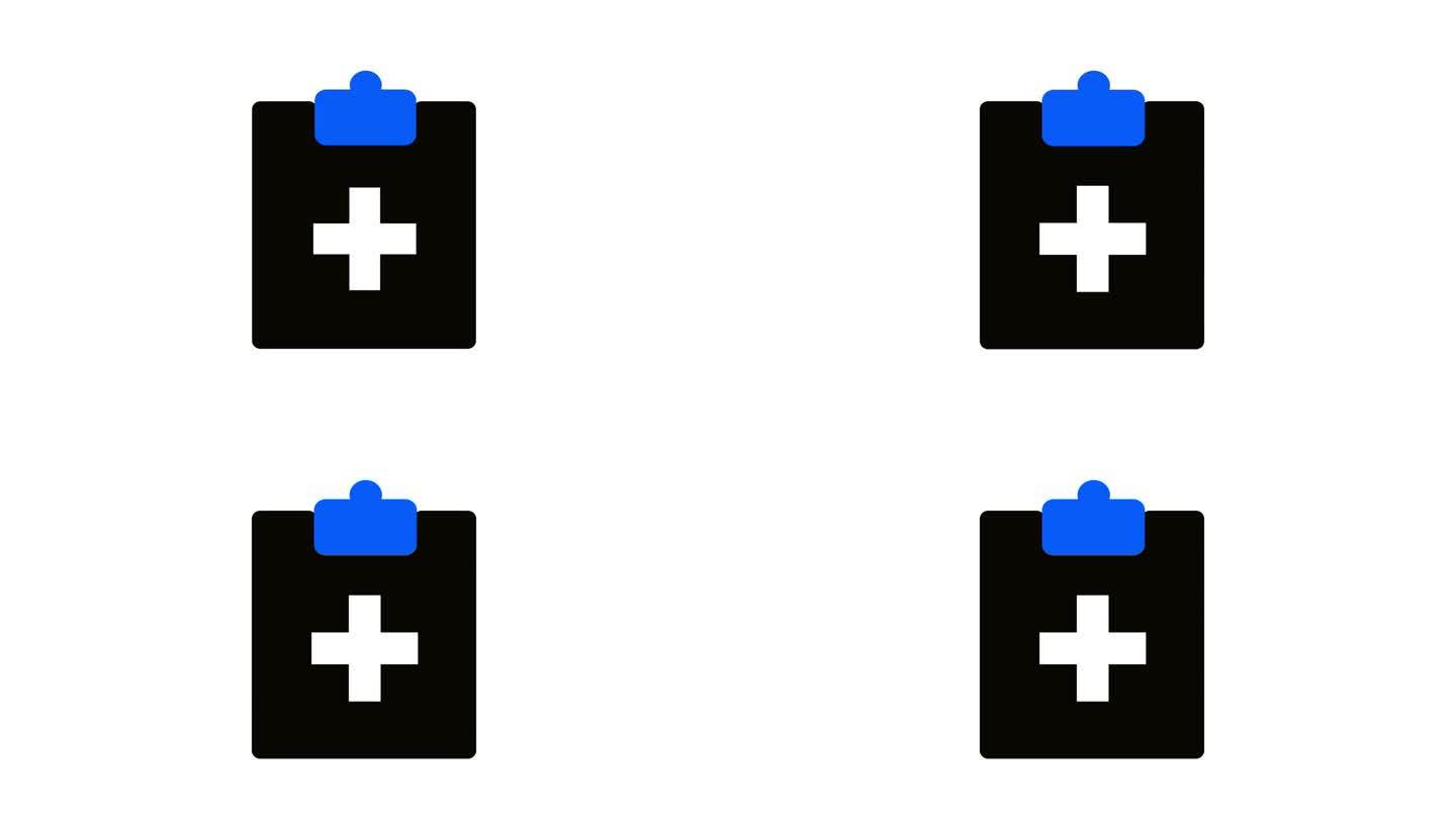 极简主义的医疗剪贴板图标，白色的十字和蓝色的剪辑在一个坚实的背景上动画。