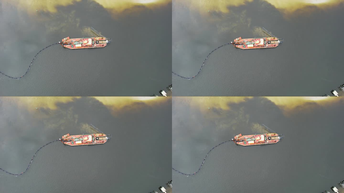 无人机拍摄的疏浚发生在肋间航道，向下角度航拍。