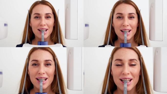 头部全景x光机拍摄的女性脸部特写。女病人站在牙科x光机前进行牙科x光摄影。拍摄下巴全景的女人。