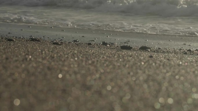 阳光普照的沙滩，波光粼粼的海水，小海龟匆匆奔向大海，特写，白天