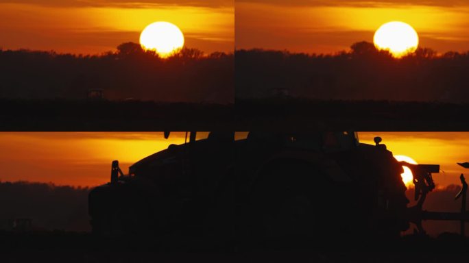 农用拖拉机拍摄的美丽日落。