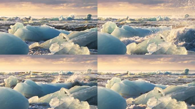 在黄金时段，冰山在黑色的海滩上闪闪发光。冰岛钻石海滩的日出。清澈的冰被海浪击碎。气候变化全球变暖问题