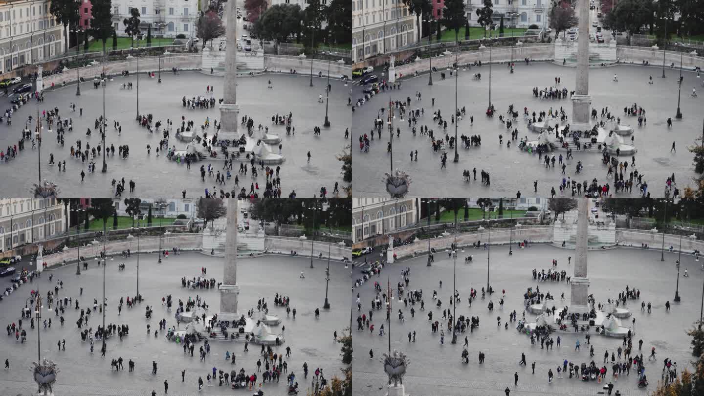 人们在参观人民广场、人民广场时在埃及方尖碑喷泉前围观的慢镜头