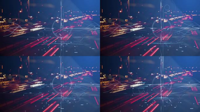 以夜晚城市为背景的Cg画面在模糊中有一个有坐标系统的目标，神经元和电子的流动正在移动。人类生活中的象
