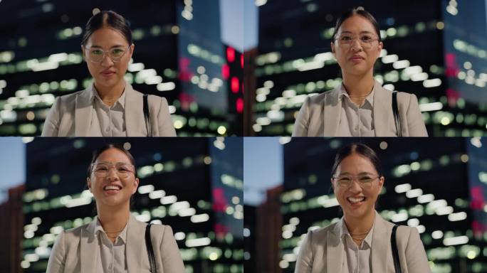 商务，亚洲女人和脸，笑在城市的眼镜和远见与企业的心态和积极。未来的职业发展和抱负，搞笑户外和专业肖像