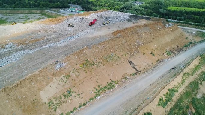 鸟瞰图大型垃圾填埋场、垃圾场。成群的鸟在垃圾堆上空盘旋。生态问题，自然污染。污染和过度消费的观念。