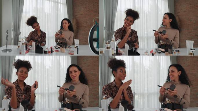 两名女性网红拍摄直播视频博客视频评论化妆至关重要的社会