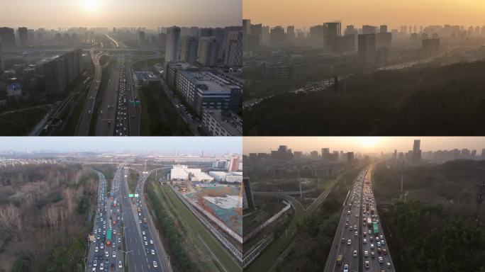 武汉光谷三环线车流晚高峰堵车繁荣发展航拍