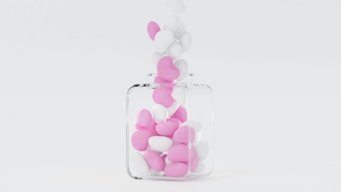 飘落柔软的心装进白色的玻璃瓶里，用于情人节，婚庆，3D渲染。