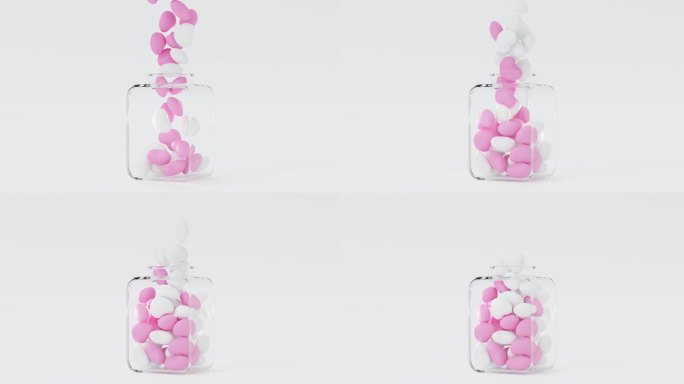飘落柔软的心装进白色的玻璃瓶里，用于情人节，婚庆，3D渲染。