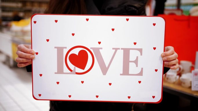情人节。特写镜头。手里拿着一张写着“爱”的海报。商店、超市和商场的情人节促销活动。礼物，礼物，节日装