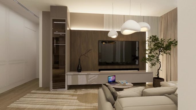 豪华公寓客厅，开放空间，厨房用餐区，日式风格，3D视频。