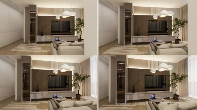 豪华公寓客厅，开放空间，厨房用餐区，日式风格，3D视频。