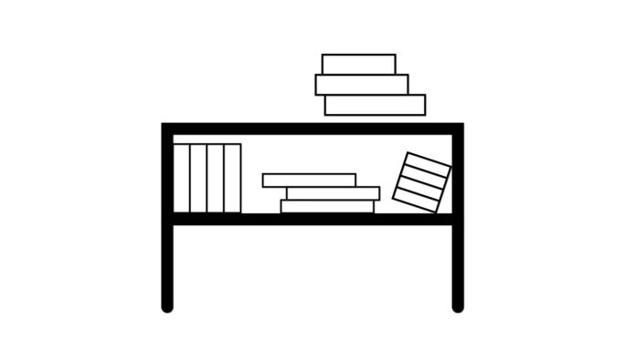 黑白书架与书籍和文件夹动画在一个白色的背景。