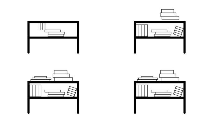 黑白书架与书籍和文件夹动画在一个白色的背景。